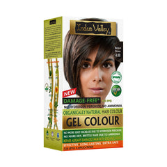 INDUS VALLEY damage-free gel hair color packaging highlights vegan, ammonia-free formula.