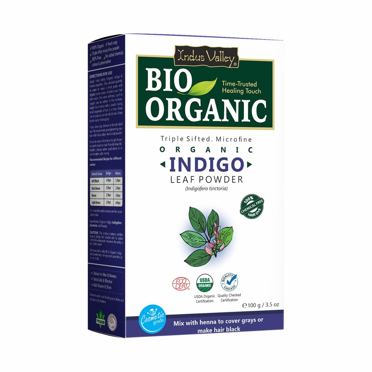 Indus Valley Indigo Powder packaging highlights organic, chemical-free hair dye option