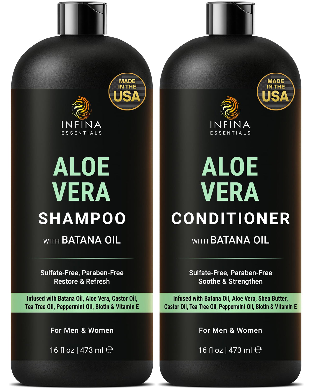 INFINA ESSENTIALS Aloe Vera Shampoo bottle demonstrates lightweight hydration for a refreshed scalp