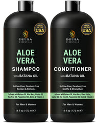 INFINA ESSENTIALS Aloe Vera Shampoo bottle demonstrates lightweight hydration for a refreshed scalp