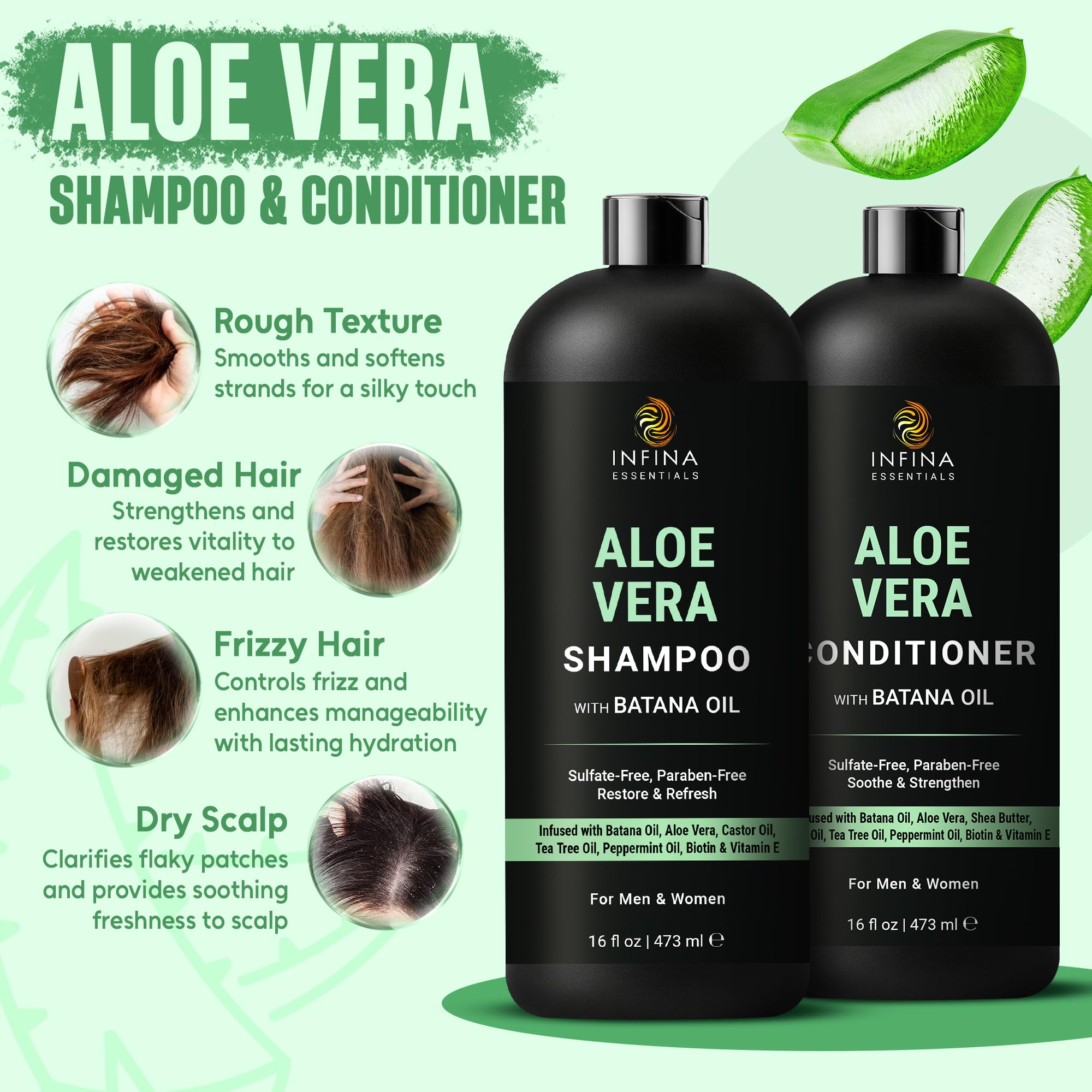 INFINA ESSENTIALS Aloe Vera Shampoo closeup highlighting soothing formula for sensitive scalps