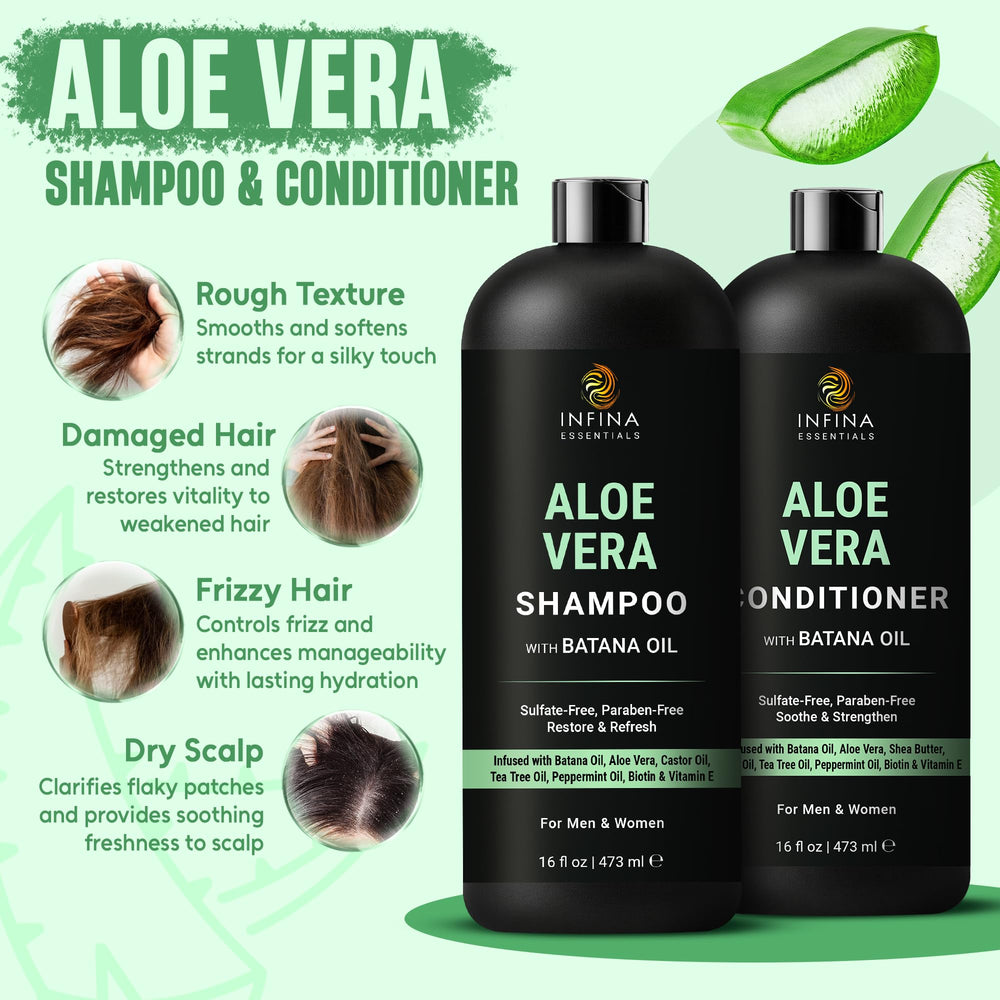 INFINA ESSENTIALS Aloe Vera Shampoo closeup highlighting soothing formula for sensitive scalps