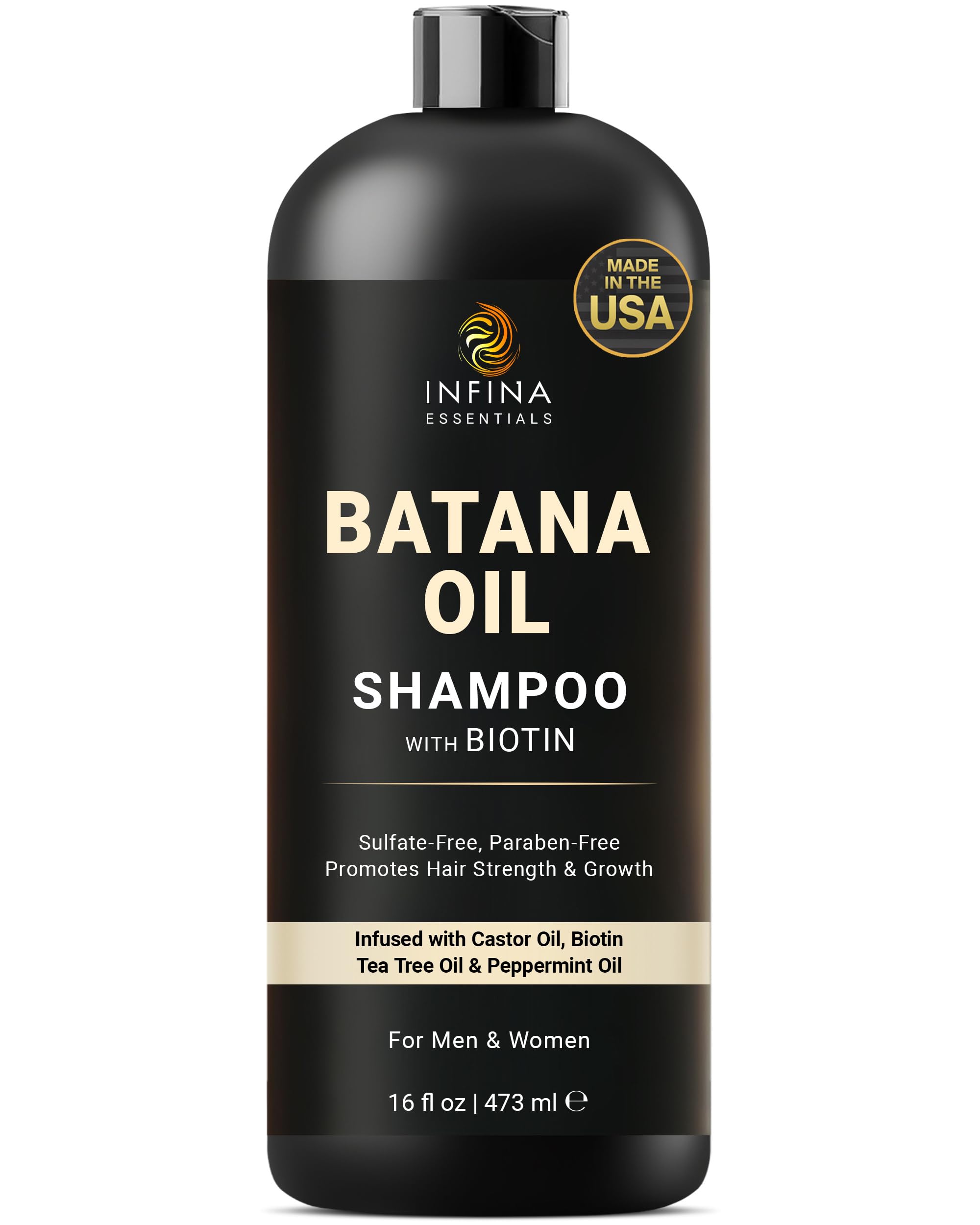 INFINA ESSENTIALS Batana Oil Shampoo: vertido de la botella para limpieza suave.