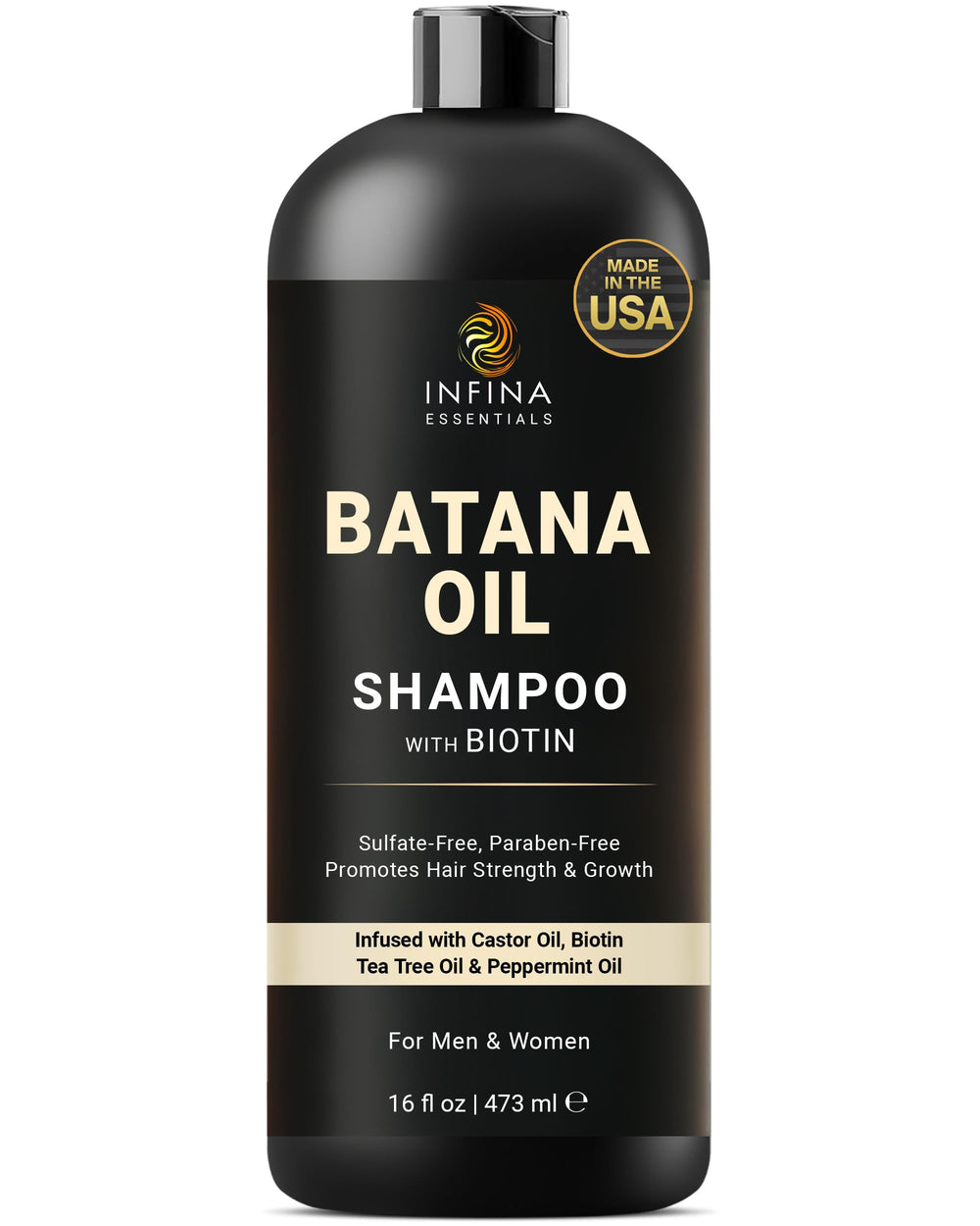 INFINA ESSENTIALS Batana Oil Shampoo: vertido de la botella para limpieza suave.