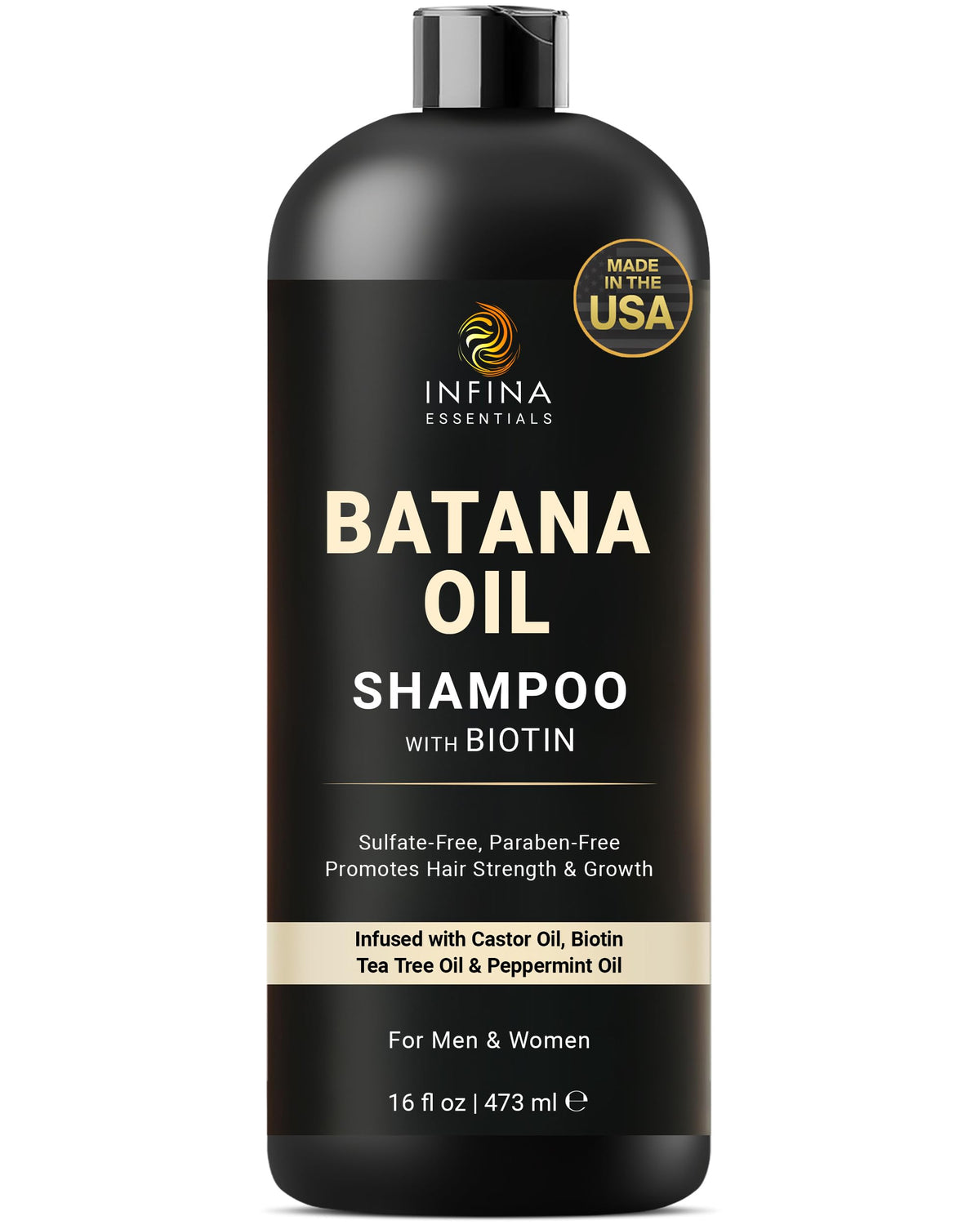 INFINA ESSENTIALS Batana Oil Shampoo: vertido de la botella para limpieza suave.