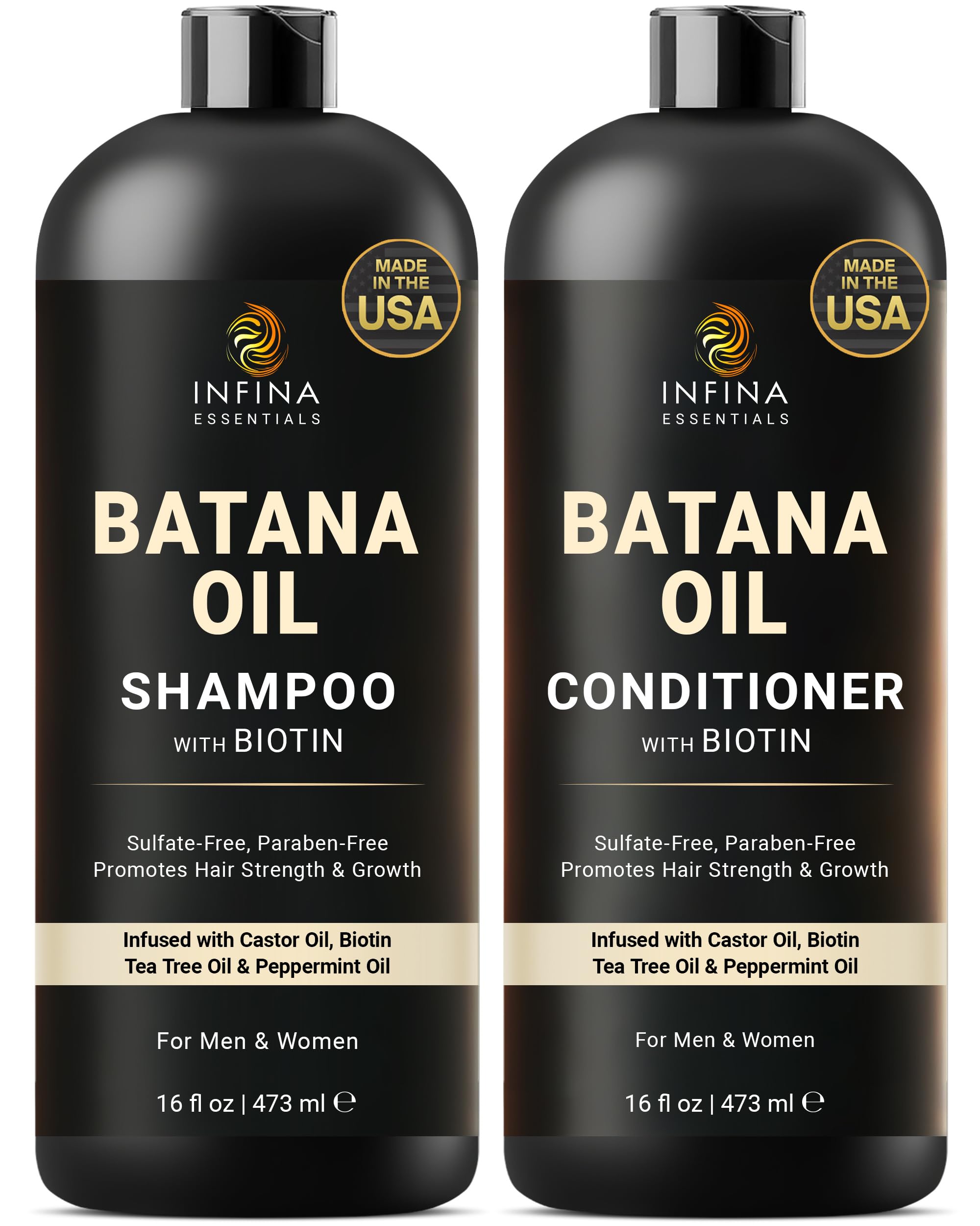 INFINA ESSENTIALS Batana Oil Shampoo bottle promotes gentle cleansing and nourishment.