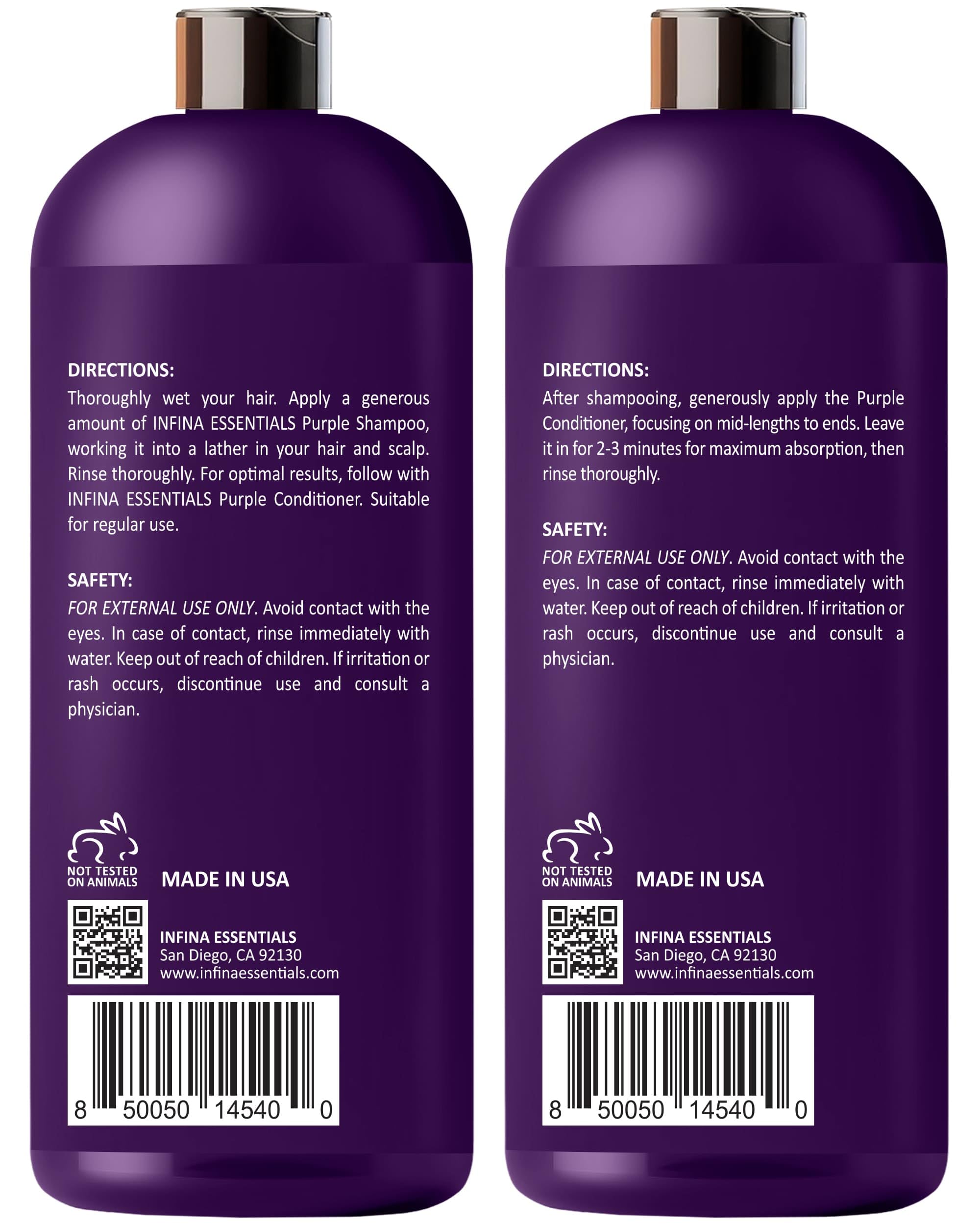 INFINA ESSENTIALS Purple Set on bathroom shelf with 16 fl oz bottles