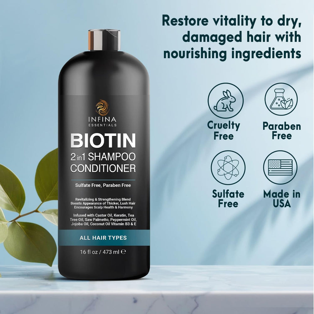 Aceites de coco y jojoba en INFINA ESSENTIALS Biotin 2-en-1 para hidratación suave.