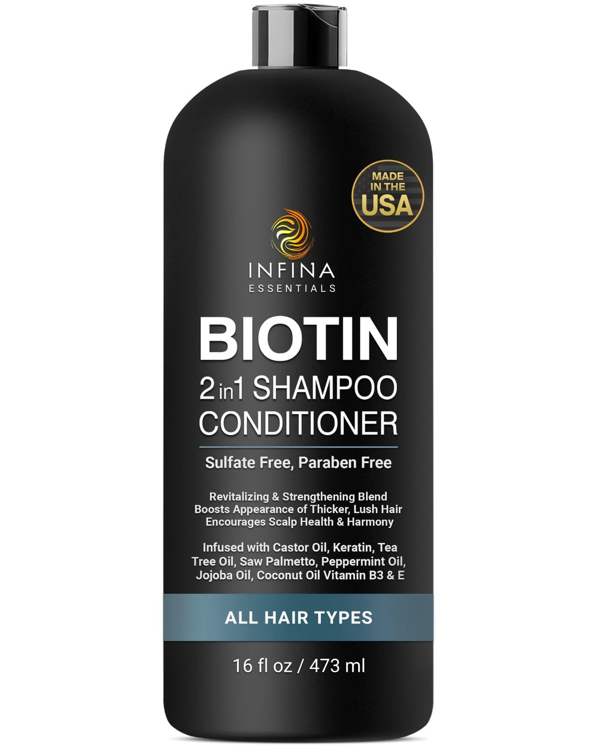 INFINA ESSENTIALS Biotin 2-en-1 champú y acondicionador en botella de 473 ml para uso diario.