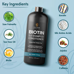 Textura cremosa de INFINA ESSENTIALS Biotin 2-en-1 para cabello suave tras lavado.