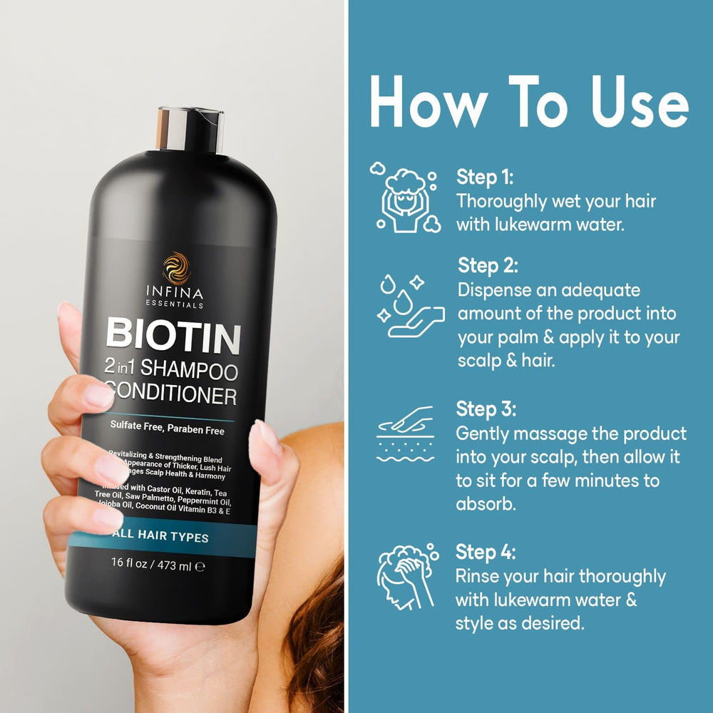 Etiqueta de INFINA ESSENTIALS Biotin 2-en-1 con árbol de té y menta para frescura.