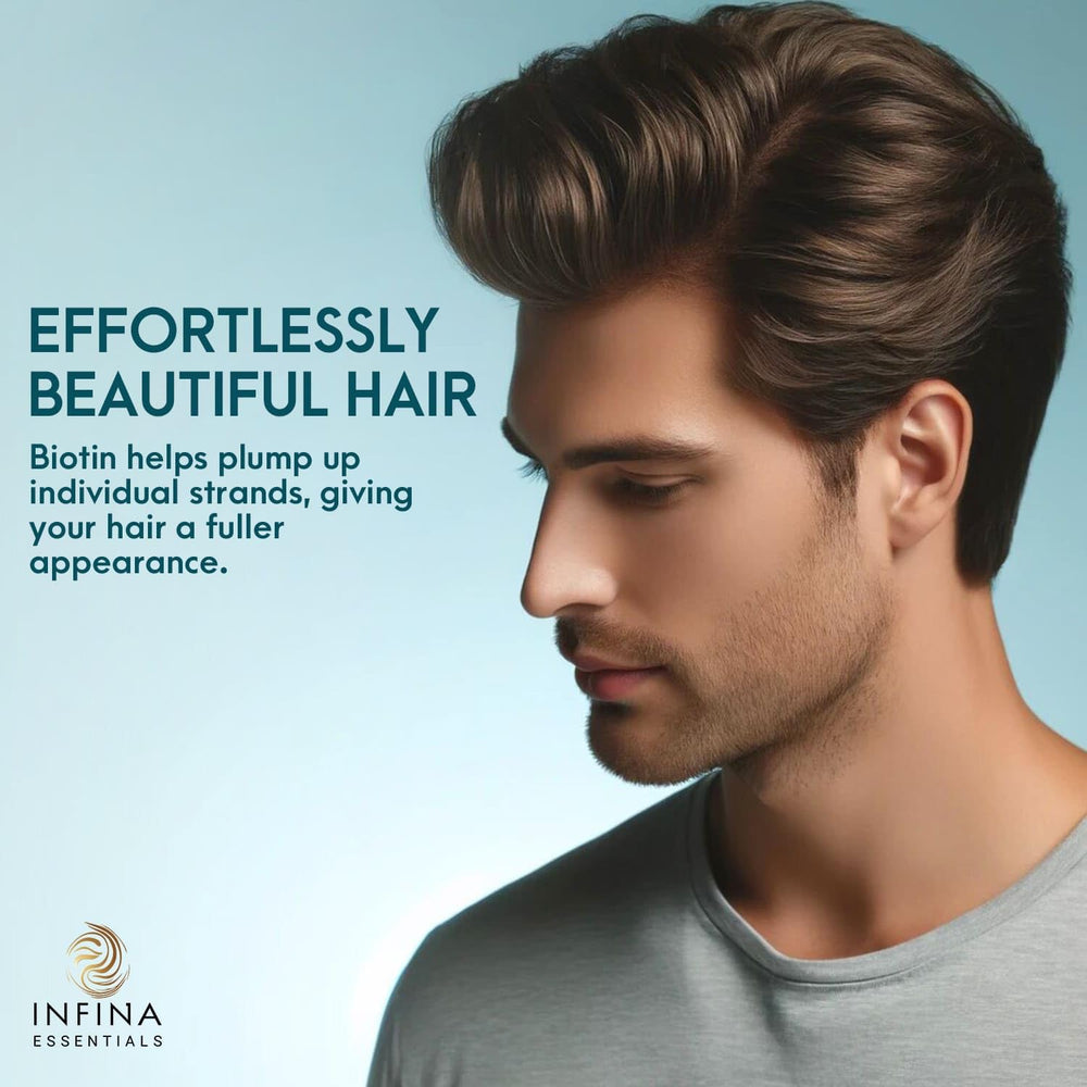 Uso diario con INFINA ESSENTIALS Biotin 2-en-1 para cabello manejable.