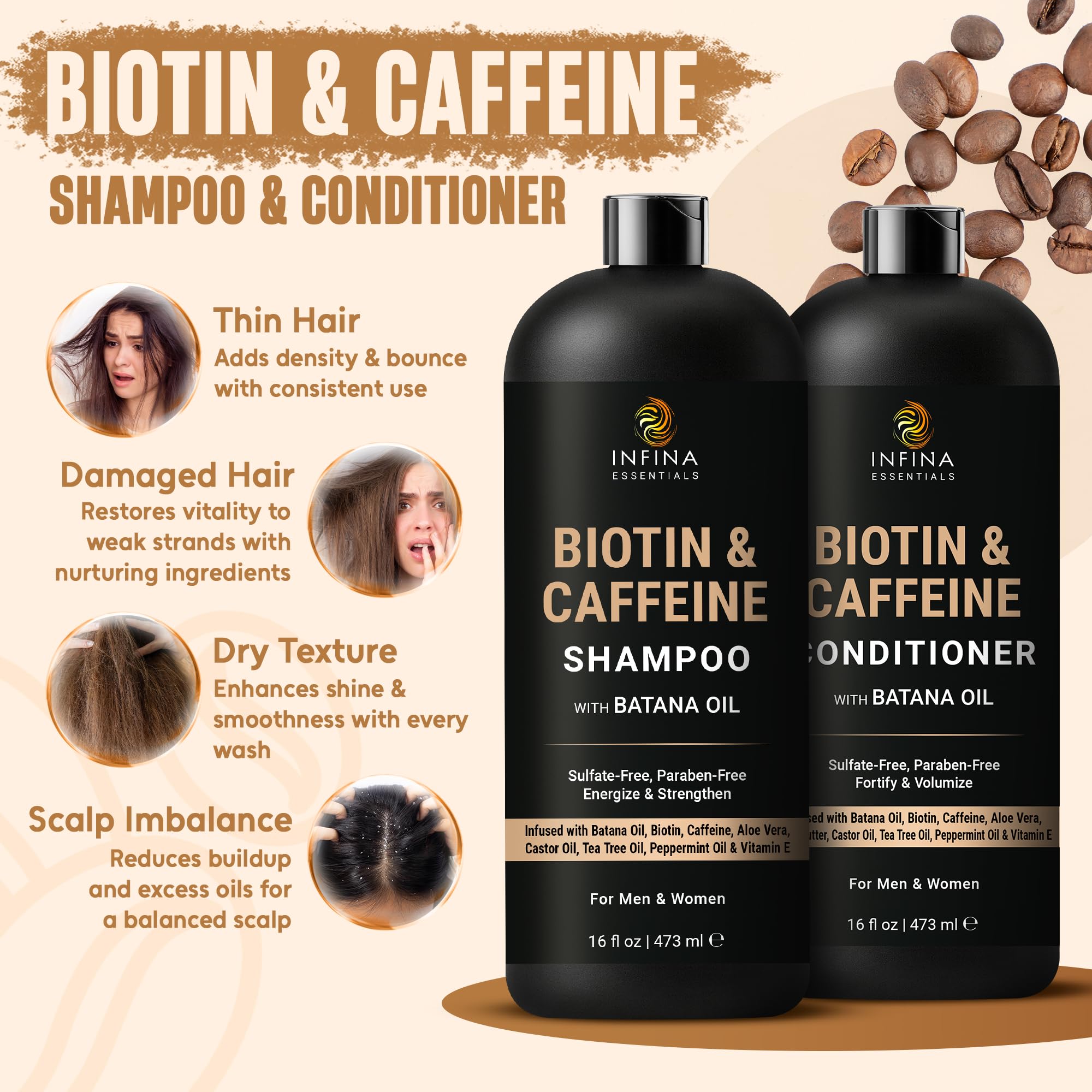 Infina Essentials caffeine biotin conditioner bottle nourishes strands for smoother, more manageable hair.
