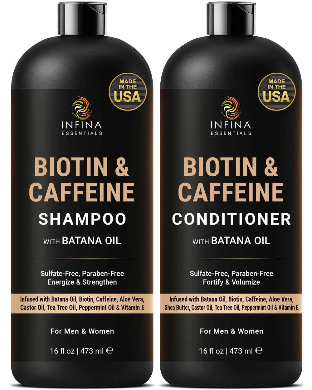 Infina Essentials caffeine biotin shampoo bottle promotes cleaner scalp and fuller-looking hair.