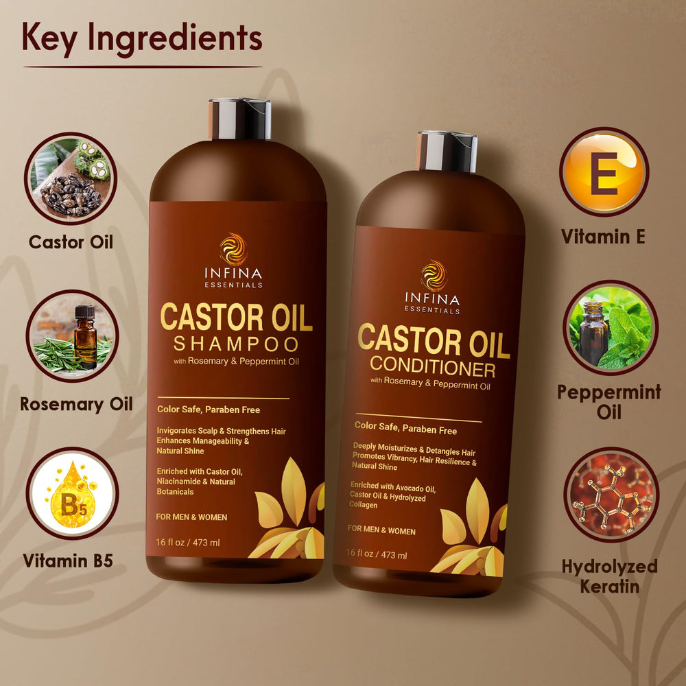Infina Essentials Castor Oil Conditioner tube, smooths strands with rosemary and peppermint fragrance.