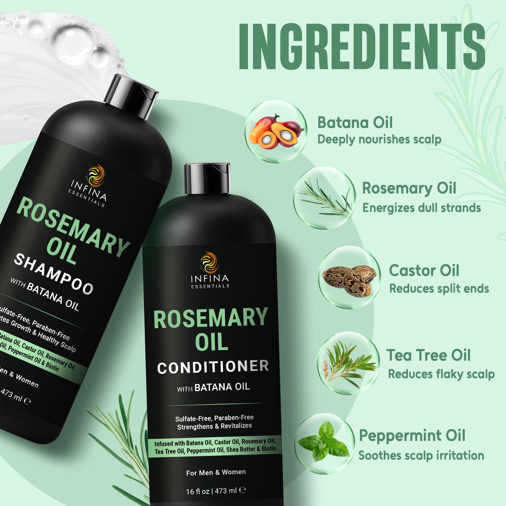INFINA ESSENTIALS castor oil ingredient bottle highlighting deep conditioning support