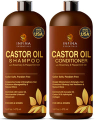 Infina Essentials Castor Oil Shampoo bottle, nourishing scalp-friendly formula for healthier-looking hair.