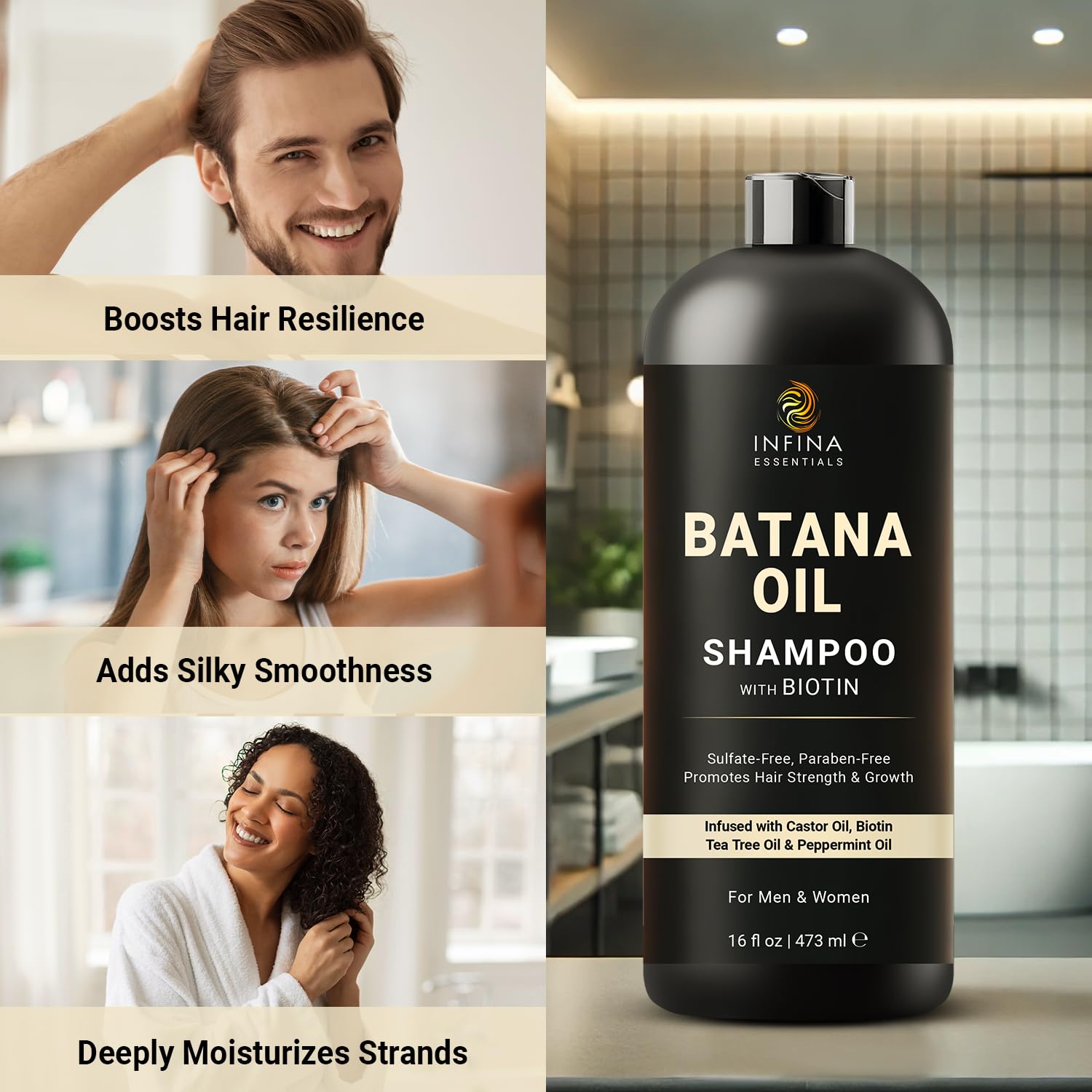 INFINA ESSENTIALS Batana Oil Shampoo: espuma nutritiva que limpia y hidrata el cuero cabelludo.