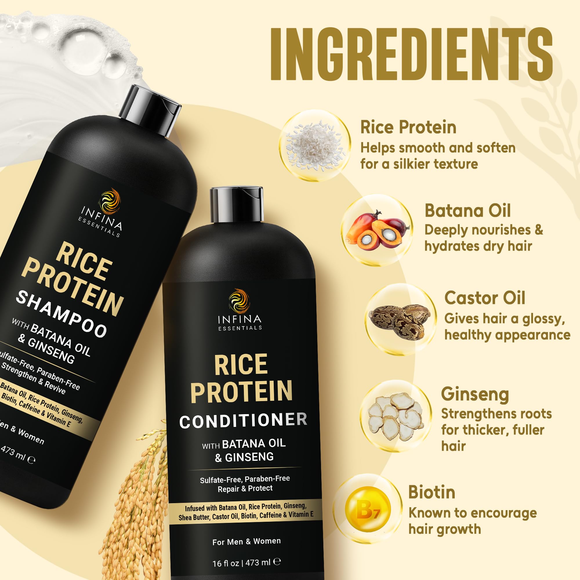 Ginseng extract visual with conditioner bottle signaling root-to-tip reinforcement