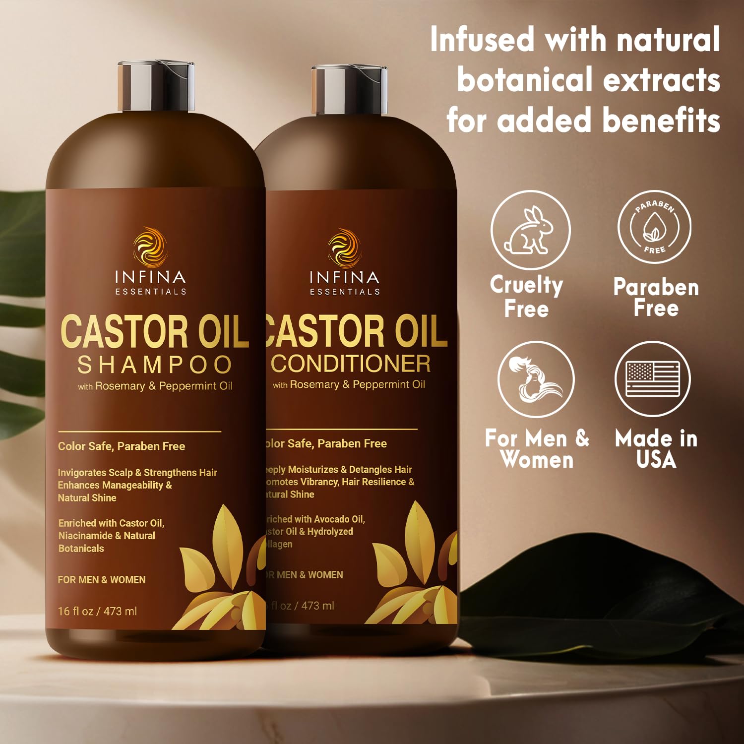 Infina Essentials Hair care routine showing shampoo and conditioner usage.