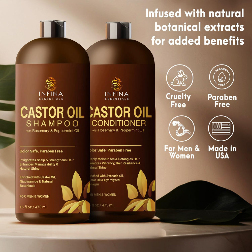 Infina Essentials Hair care routine showing shampoo and conditioner usage.