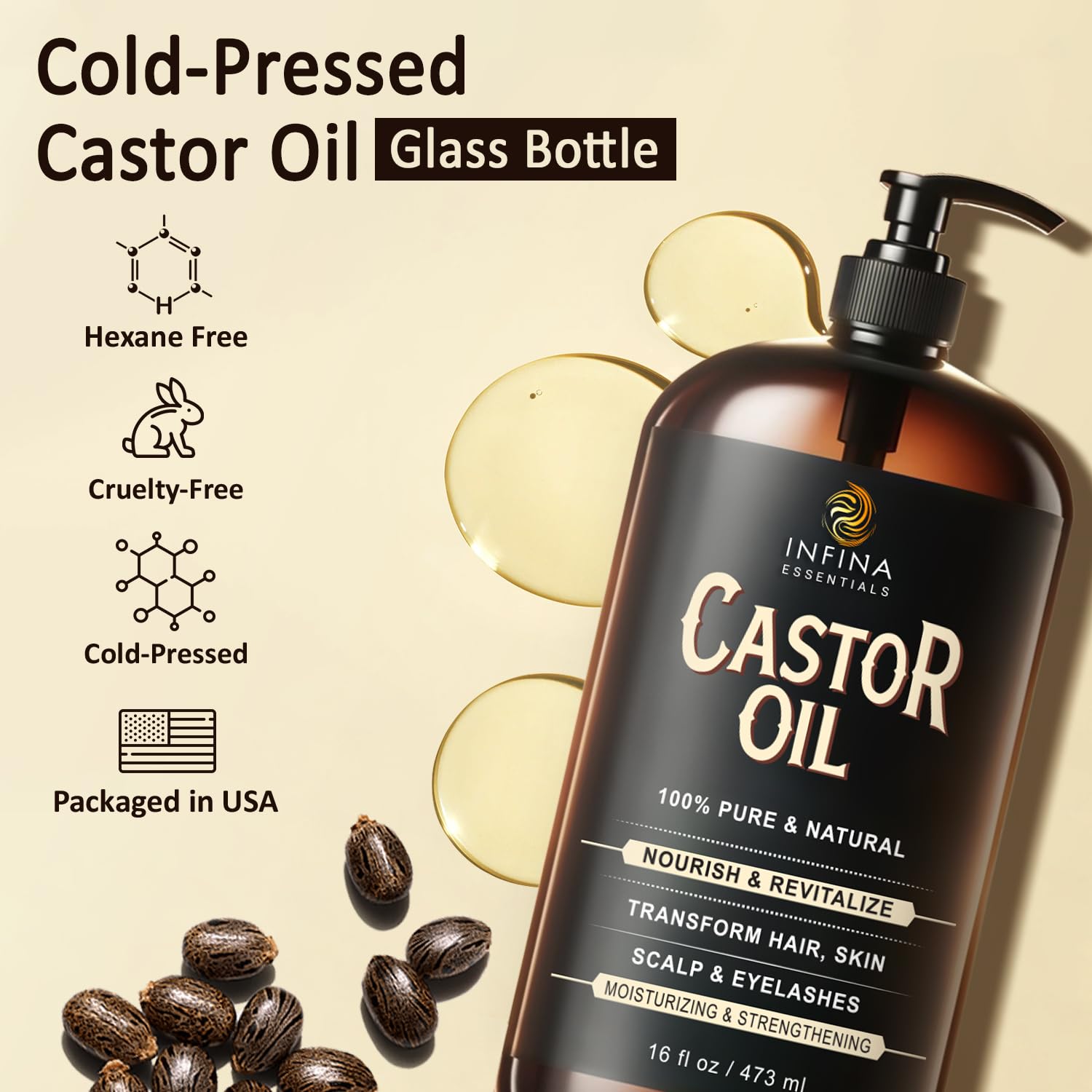 INFINA ESSENTIALS hexane-free castor oil bottle preserves nutrients for multi-use care