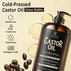 INFINA ESSENTIALS hexane-free castor oil bottle preserves nutrients for multi-use care