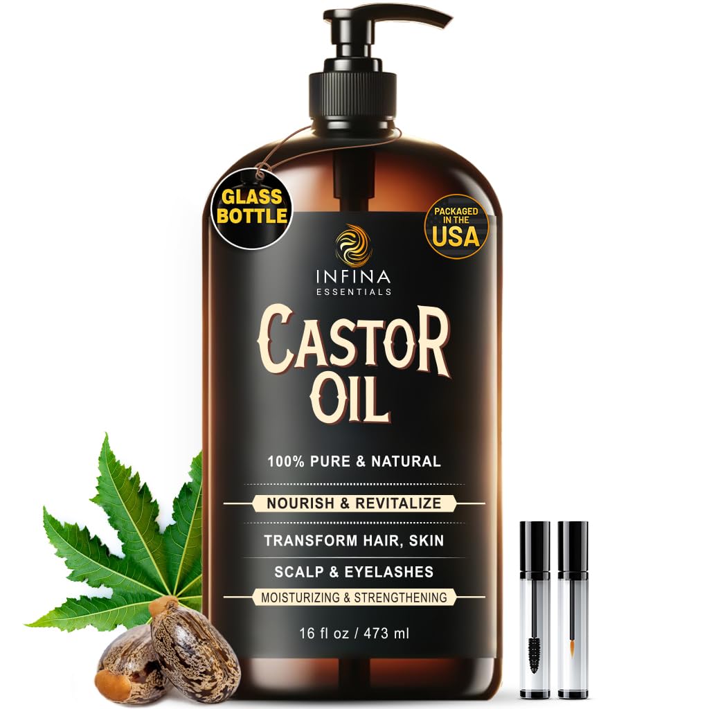 INFINA ESSENTIALS pure castor oil bottle highlighting purity for hair, skin, and lashes