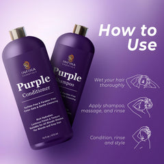 INFINA ESSENTIALS Purple Conditioner bottle demonstrates hydrating formula with coconut oil and aloe vera