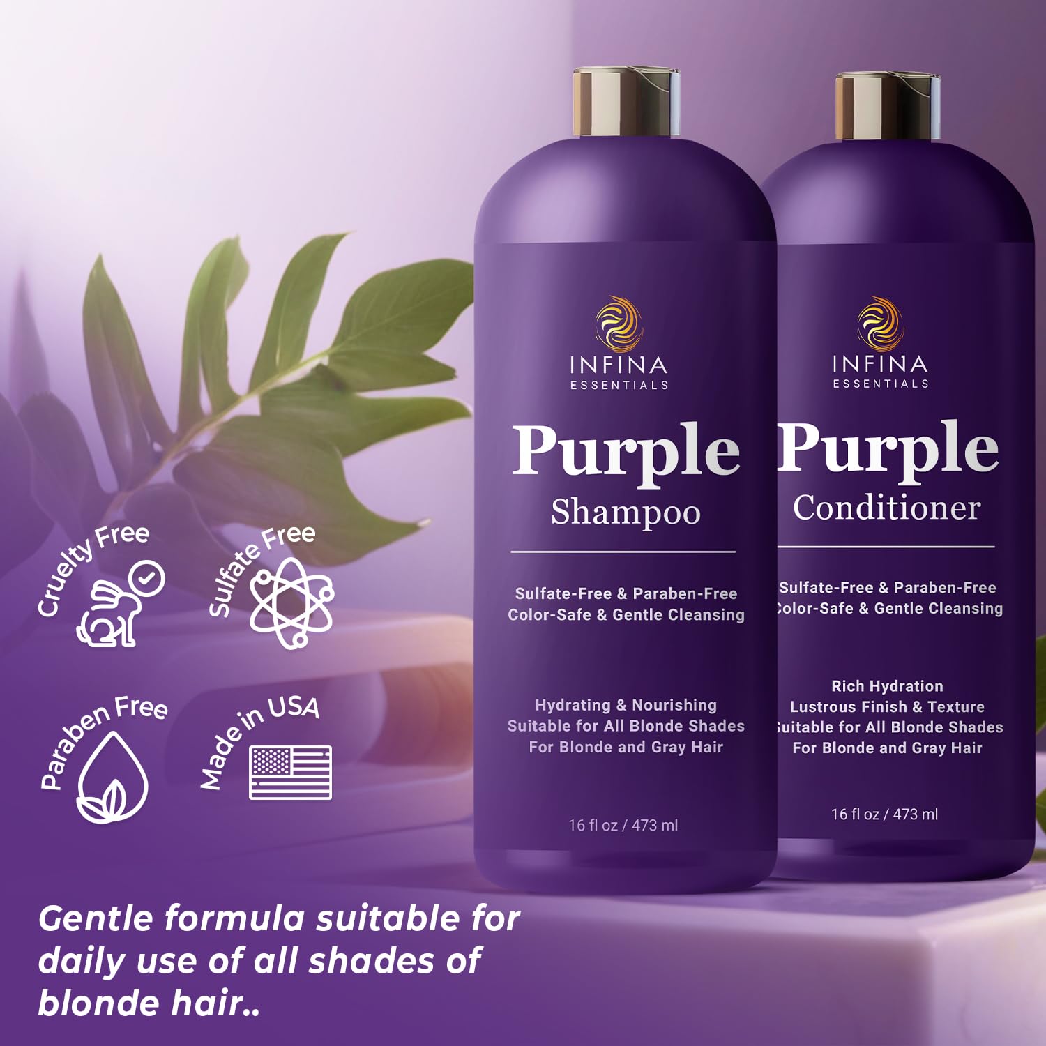 INFINA ESSENTIALS Purple Conditioner texture closeup shows creamy hydration for color-treated hair