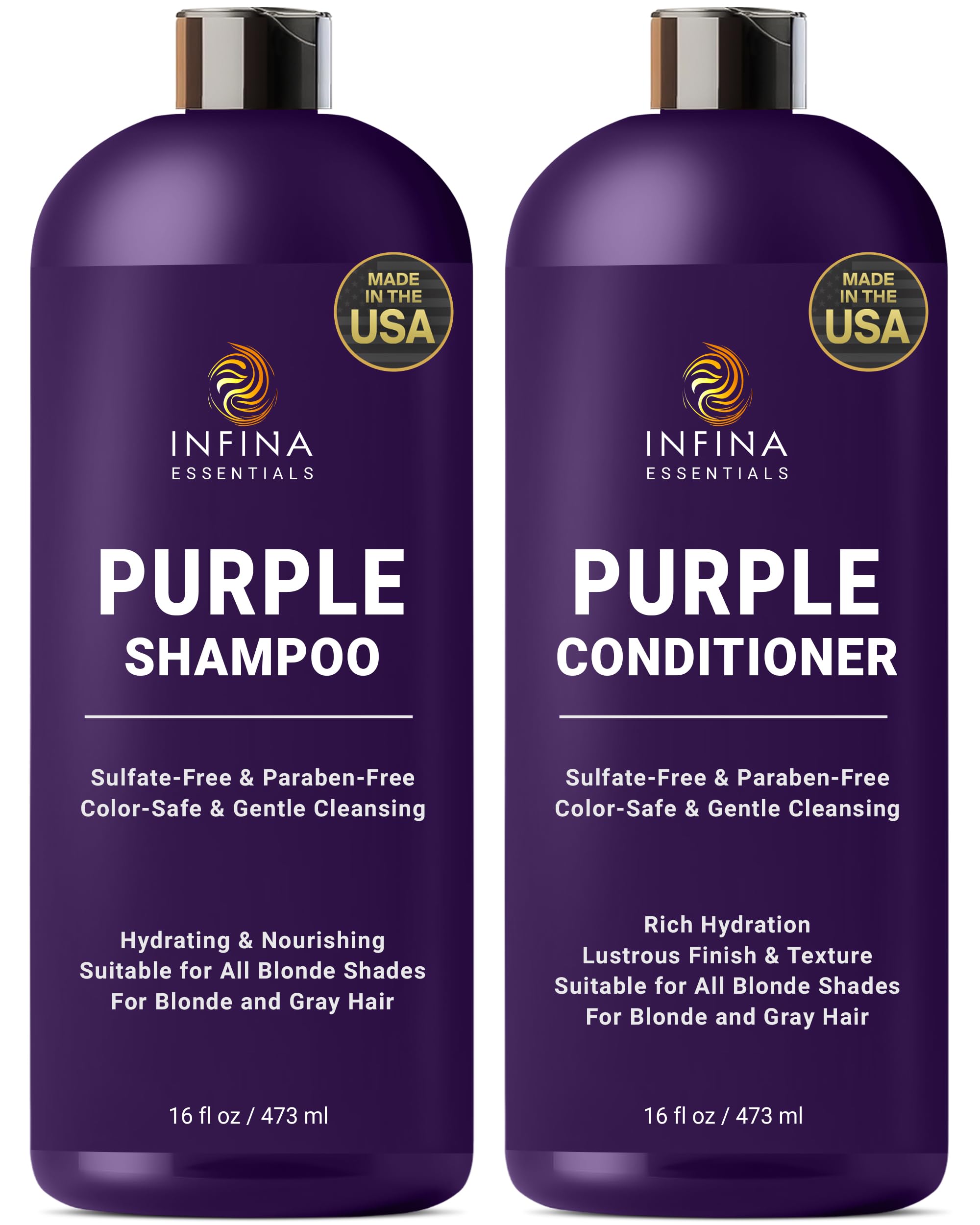 INFINA ESSENTIALS Purple Shampoo bottle pours to reduce brassiness in blonde and gray hair