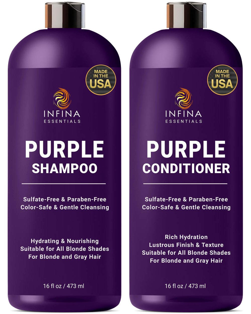 INFINA ESSENTIALS Purple Shampoo bottle pours to reduce brassiness in blonde and gray hair