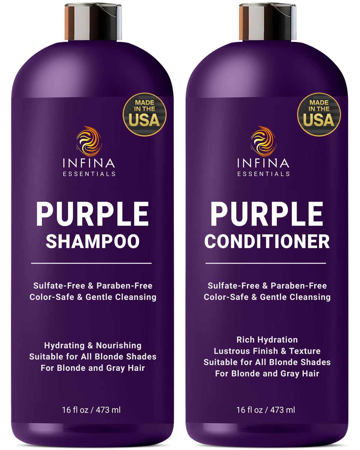 INFINA ESSENTIALS Purple Shampoo bottle pours to reduce brassiness in blonde and gray hair