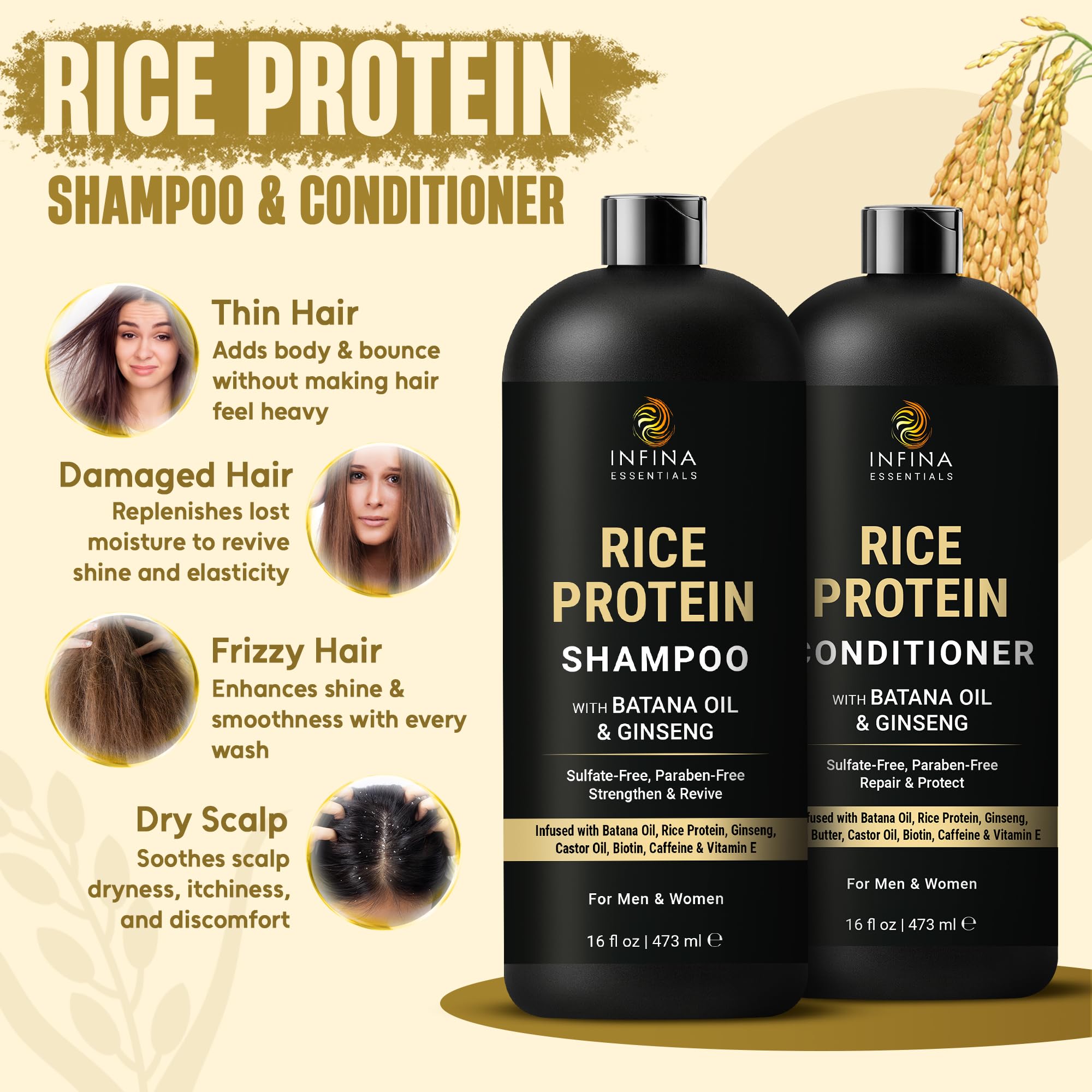 INFINA ESSENTIALS Rice Protein Conditioner bottle showing nourishing detangling benefits
