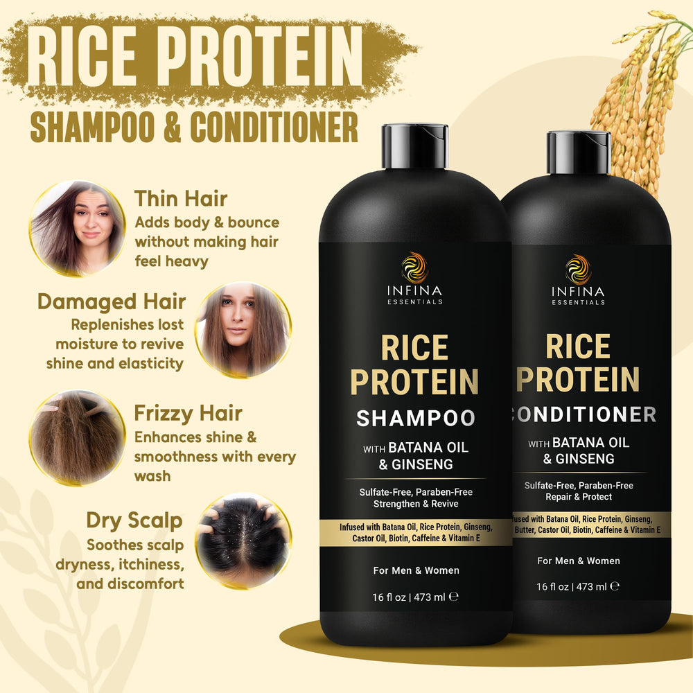 INFINA ESSENTIALS Rice Protein Conditioner bottle showing nourishing detangling benefits