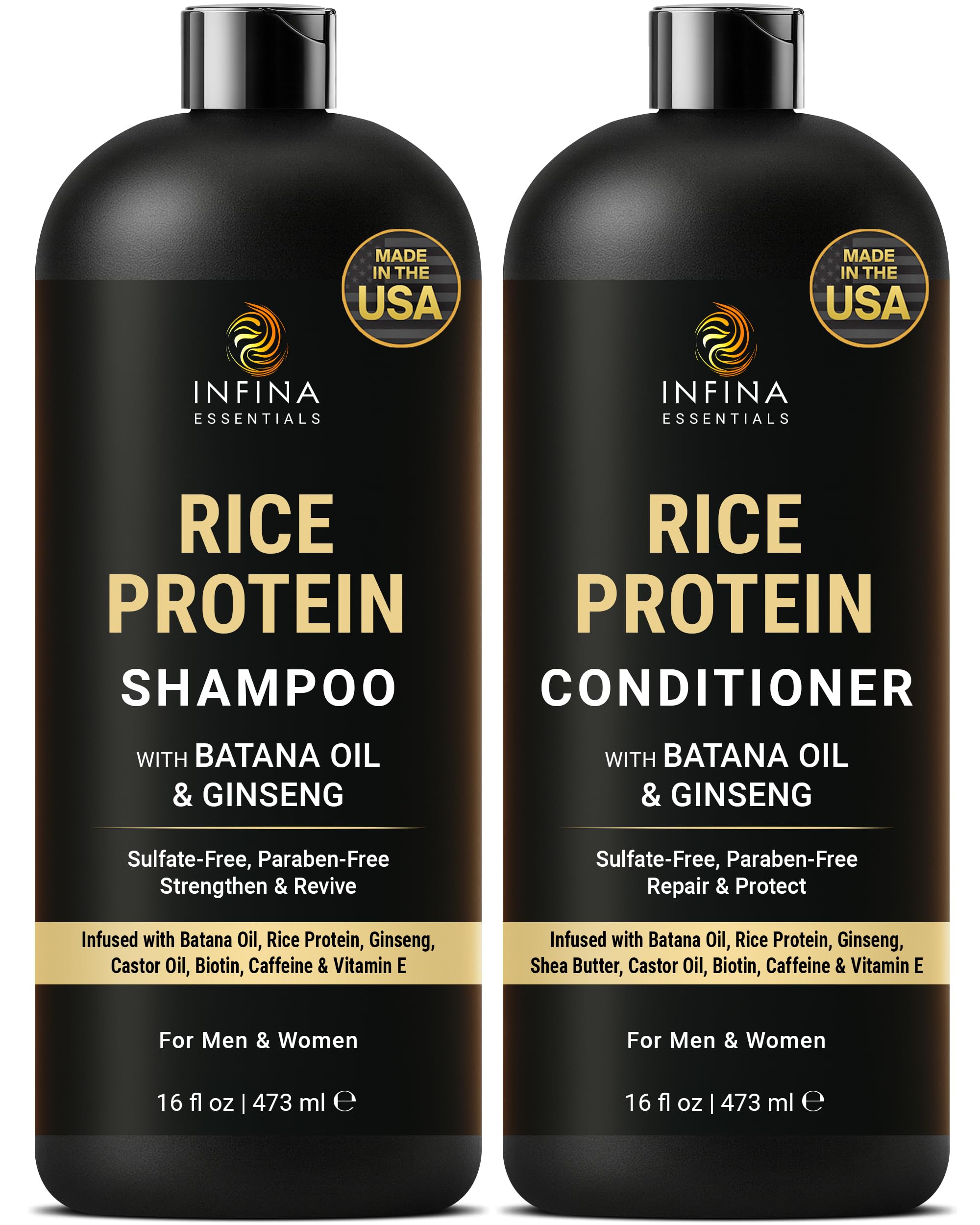 INFINA ESSENTIALS Rice Protein Shampoo bottle highlighting fortifying formula for stronger strands