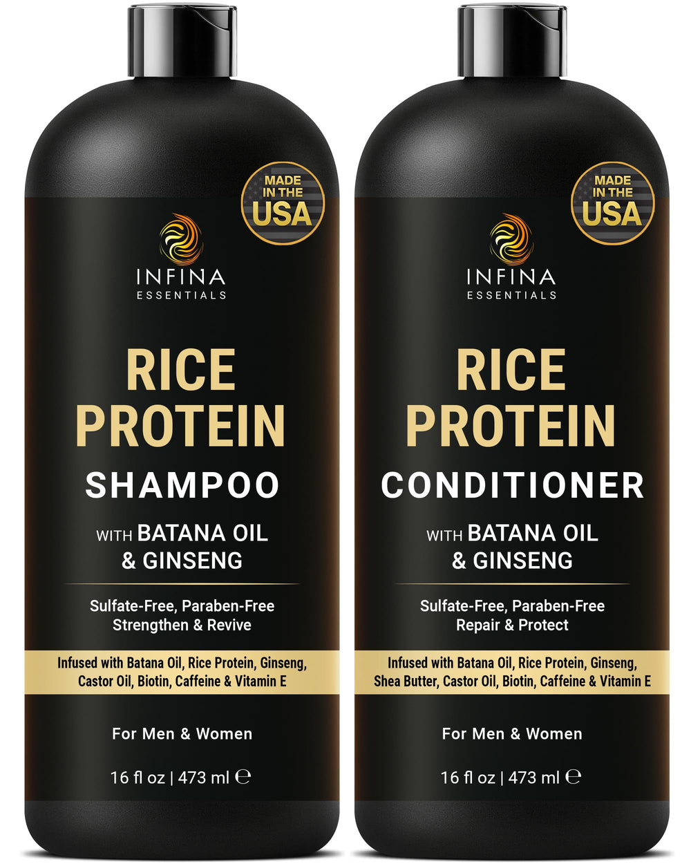 INFINA ESSENTIALS Rice Protein Shampoo bottle highlighting fortifying formula for stronger strands