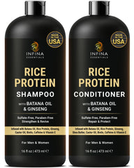 INFINA ESSENTIALS Rice Protein Shampoo bottle highlighting fortifying formula for stronger strands
