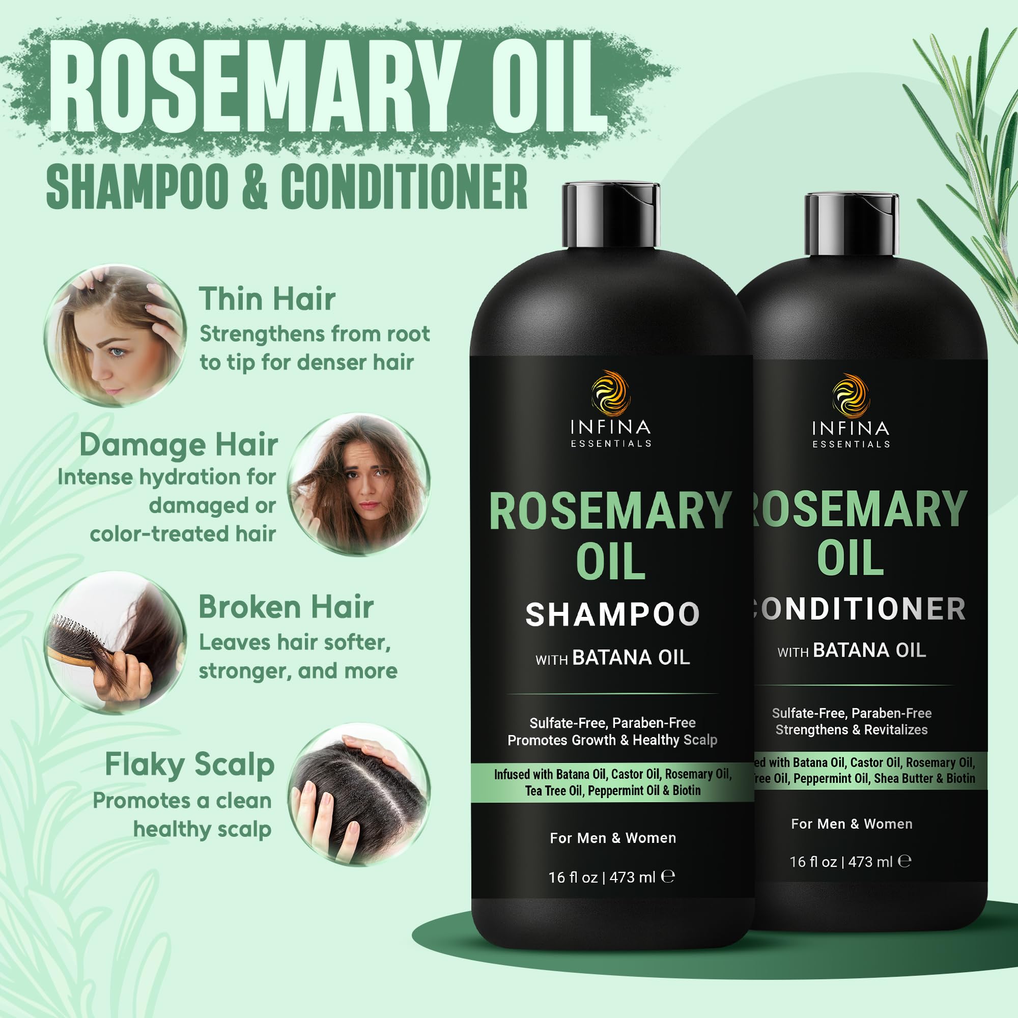INFINA ESSENTIALS rosemary conditioner tube showcases moisturizing formula for smooth nourished hair