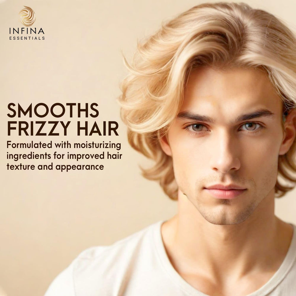 Infina Essentials Shampoo bottle on sink, glossy locks after cleansing.