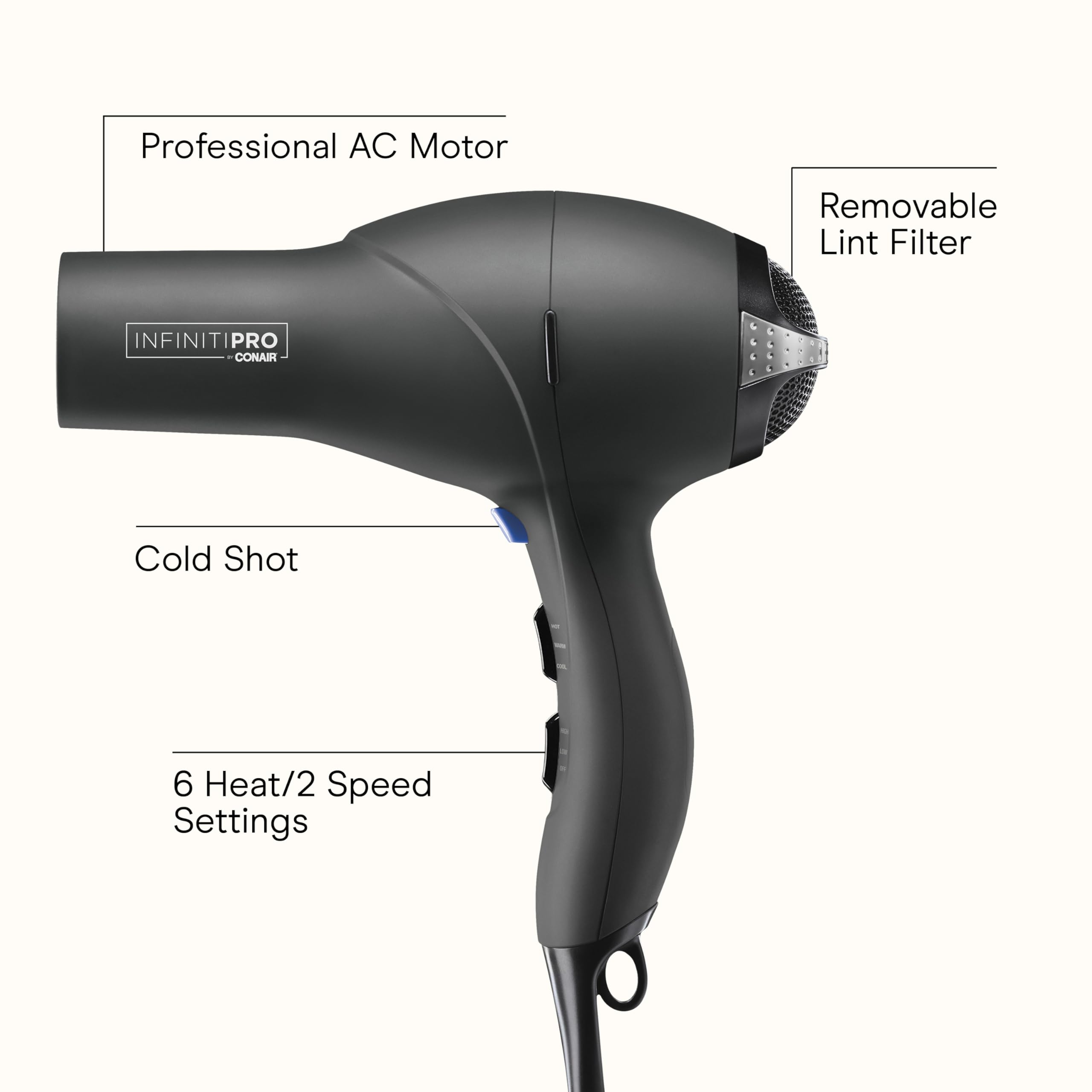 Infiniti PRO Conair hair dryer with concentrator for precise, sleek finishes