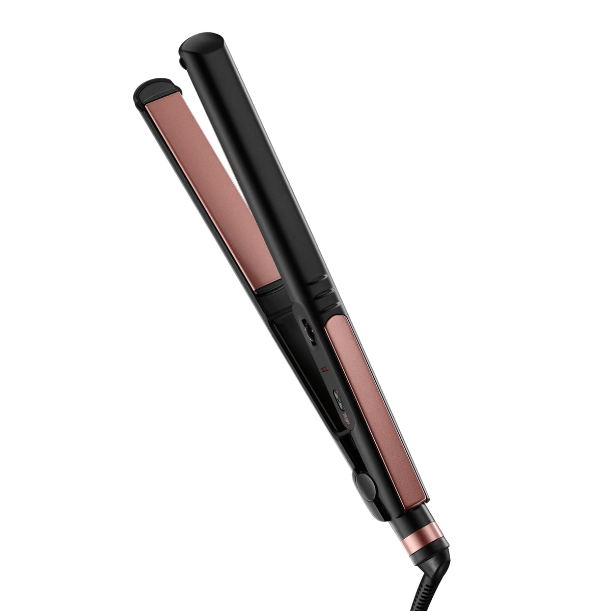 INFINITI PRO BY CONAIR rose gold flat iron close-up with ceramic plates for smooth styling.