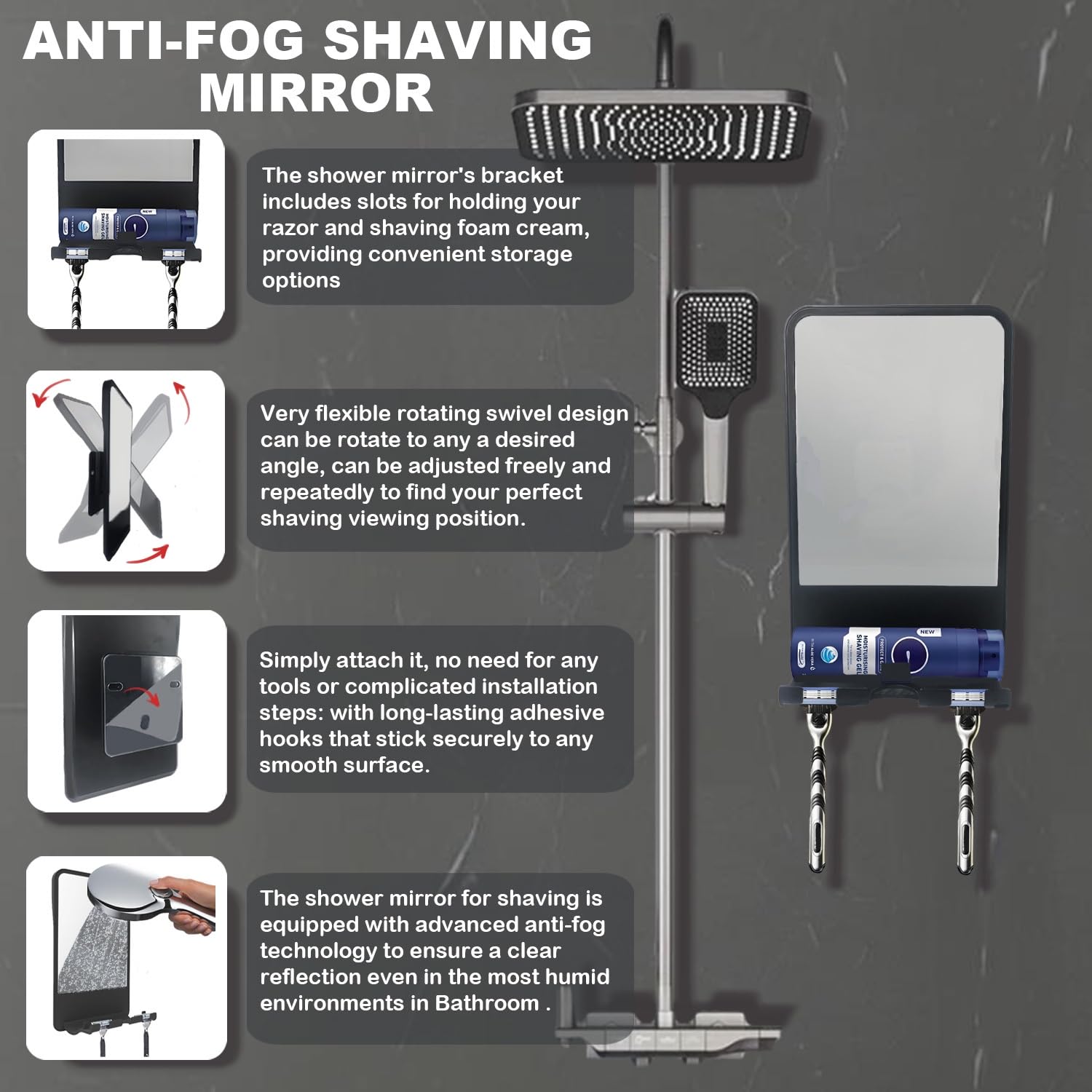 Infitrans shower mirror with razor slot storage keeps grooming tools organized
