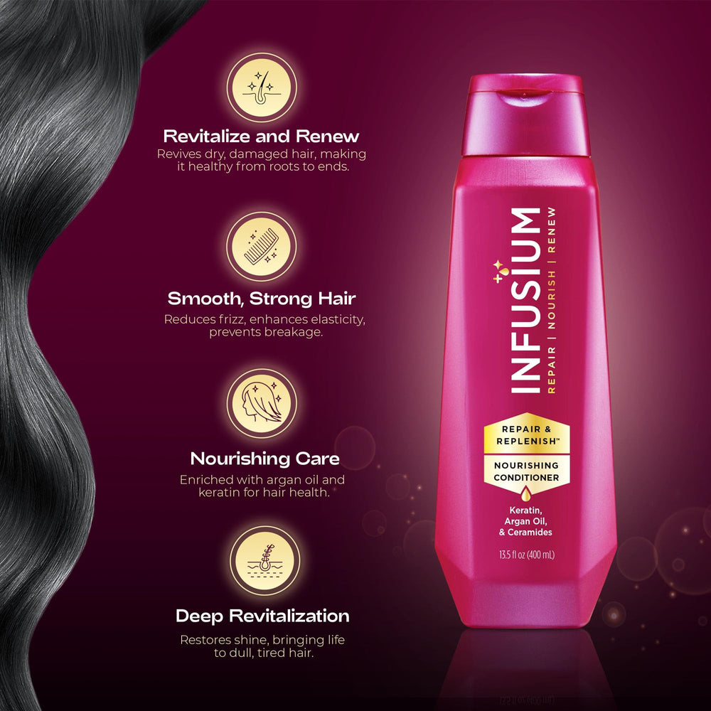 Infusium Repair and Volumize packaging highlights moisture for damaged hair