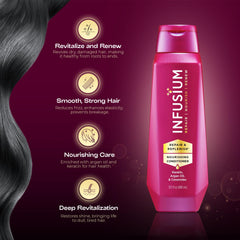 Infusium Repair and Volumize packaging highlights moisture for damaged hair