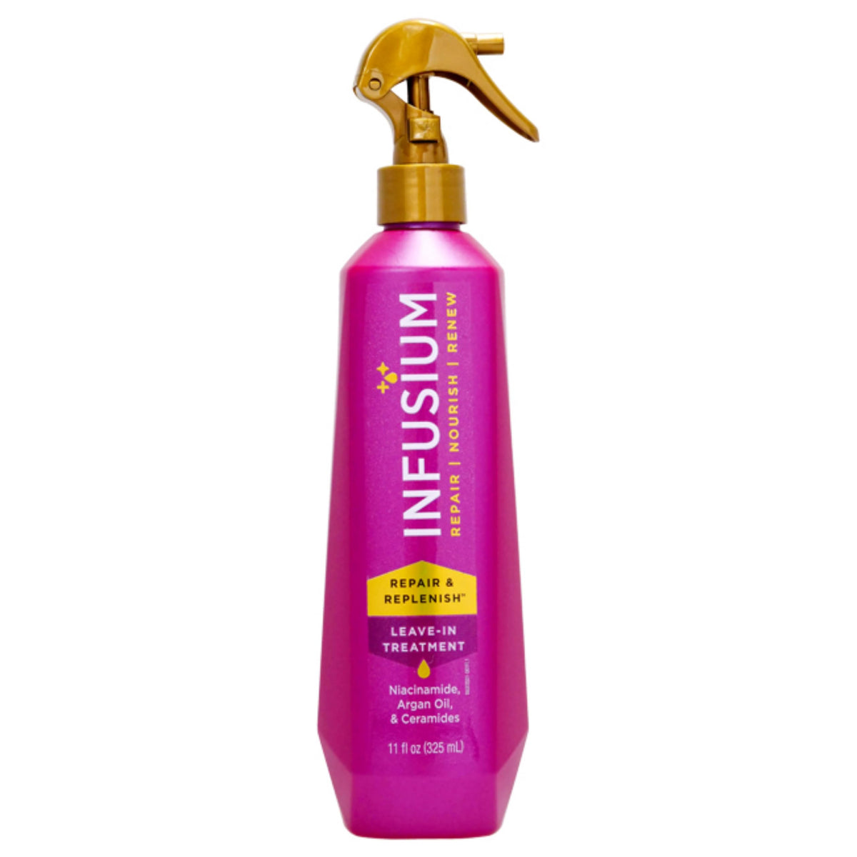 Infusium Repair and Replenish bottle pour hydrates and protects hair during styling.
