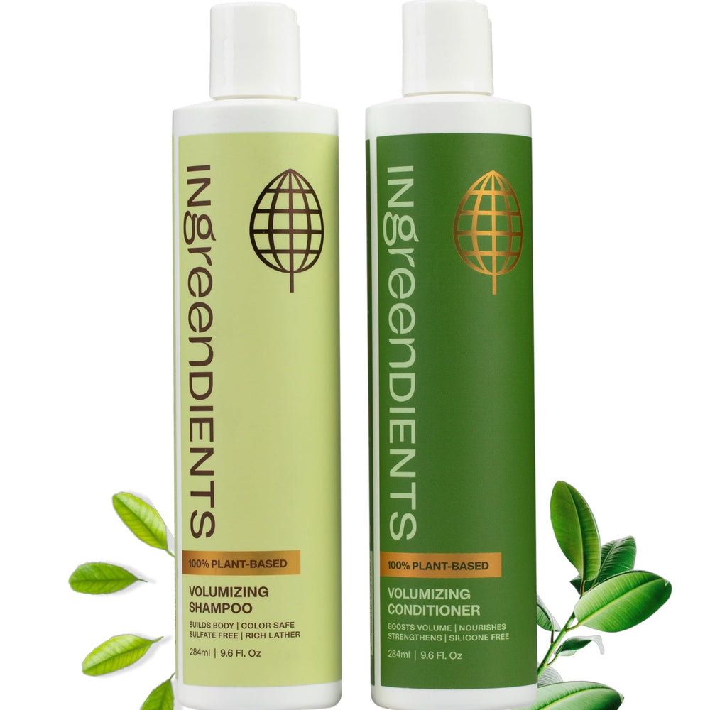 Ingreendients plant-based volumizing shampoo bottle showing gentle formula for fine hair