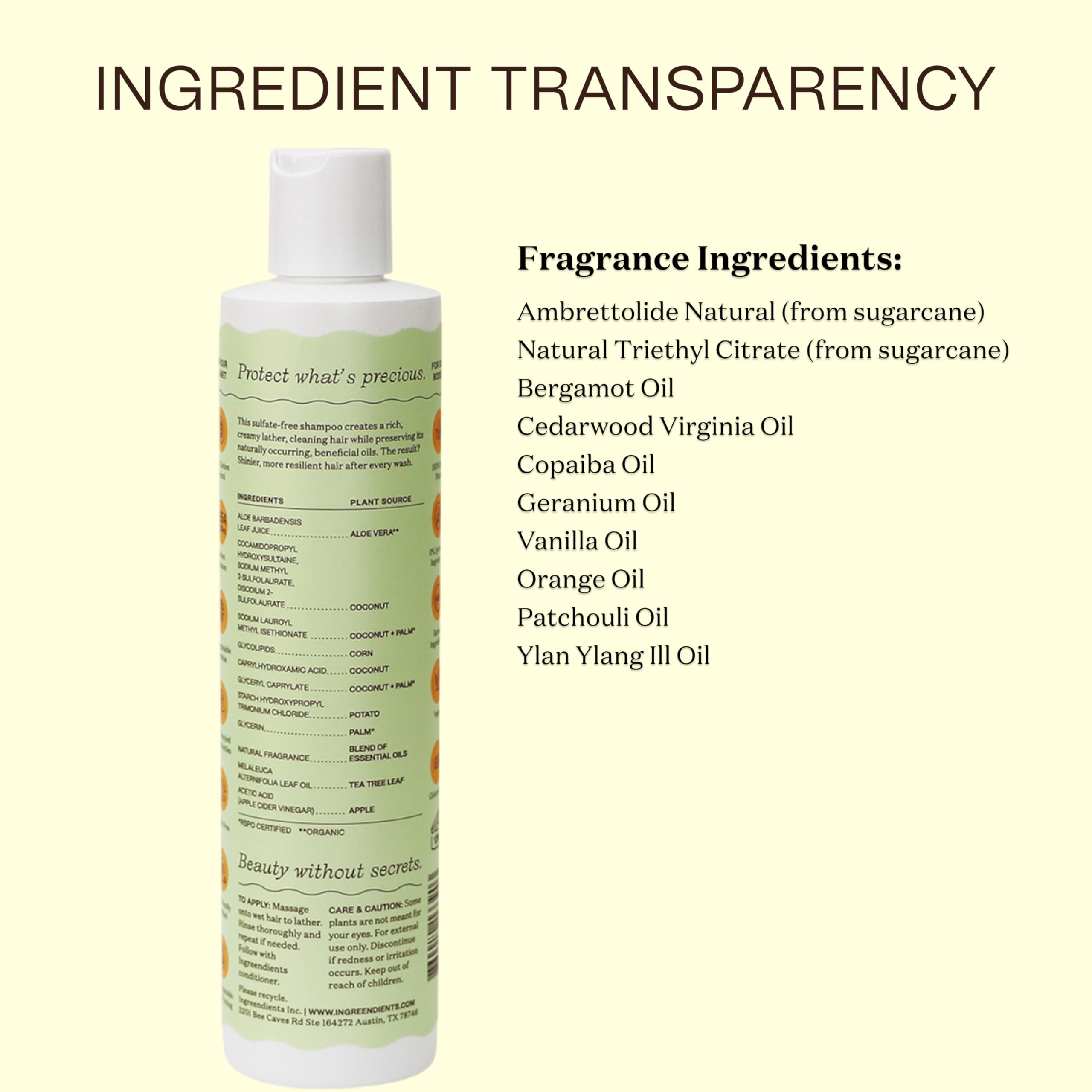 Ingreendients champú hecho en EE. UU., California, producción local