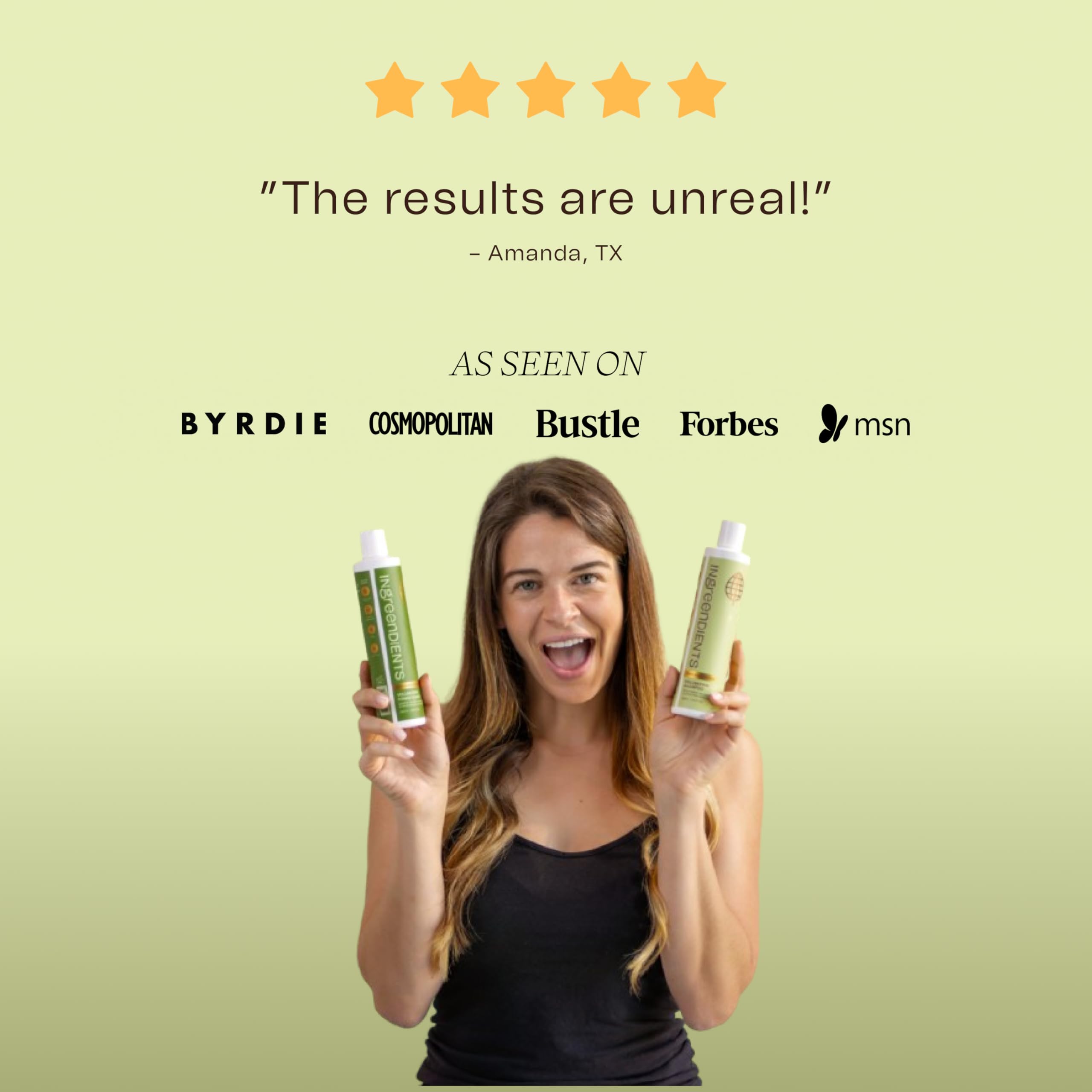 Ingreendients packaging with green label emphasizes vegan cruelty-free values