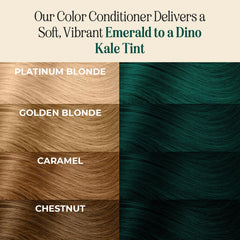 INH Emerald Green hair color application swatch demonstrates easy pigment deposit.